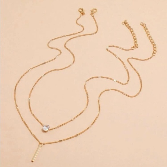 Gold 2pc Rhinestone Bar Chain Necklace - Picture 2 of 2
